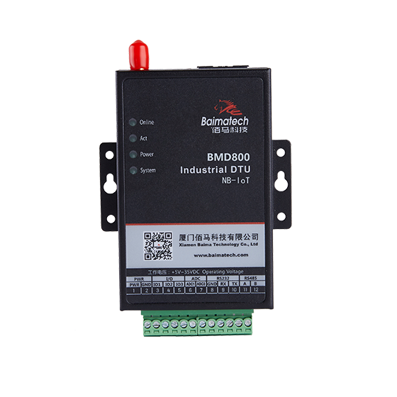 BMD800 NB-IoT 無線數(shù)傳DTU，基于NB-IoT網(wǎng)絡(luò)提供窄帶無線通信與低速率數(shù)據(jù)傳輸。NB-IoT物聯(lián)網(wǎng)終端，具有連接量大，覆蓋面廣，穿透性好，功耗低、成本低等強大優(yōu)勢。